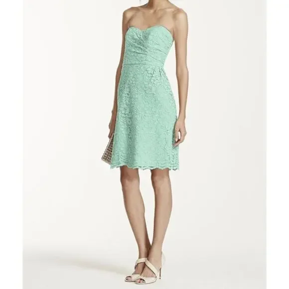 David’s Bridal Teal Short Strapless Lace Dress - Picture 1 of 16